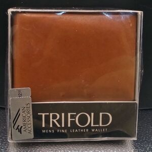 American Accessories Tan Brown Leather Trifold Mens Wallet NIB Vintage